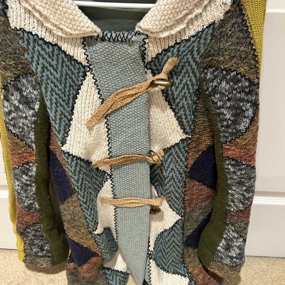 Anthropologie Green and Blue Cardigan with Cable Knit Design